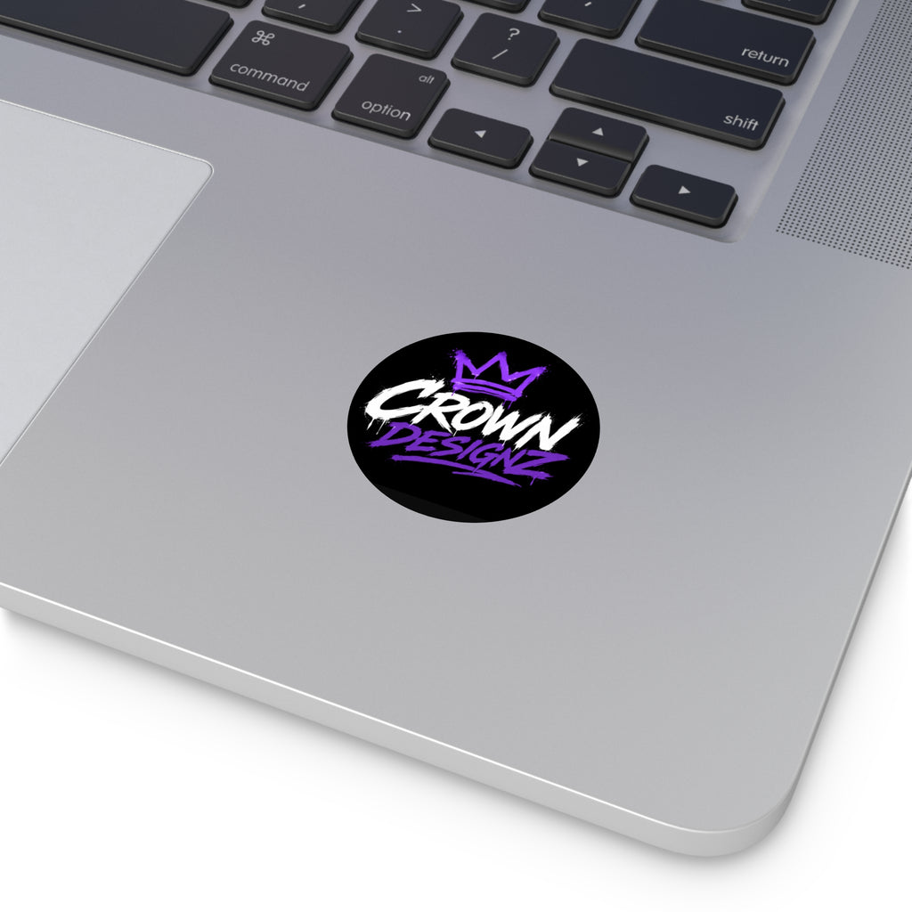 Crown Designz Round Vinyl Sticker — Graffiti Crown Logo, Purple & White Street Art Decal