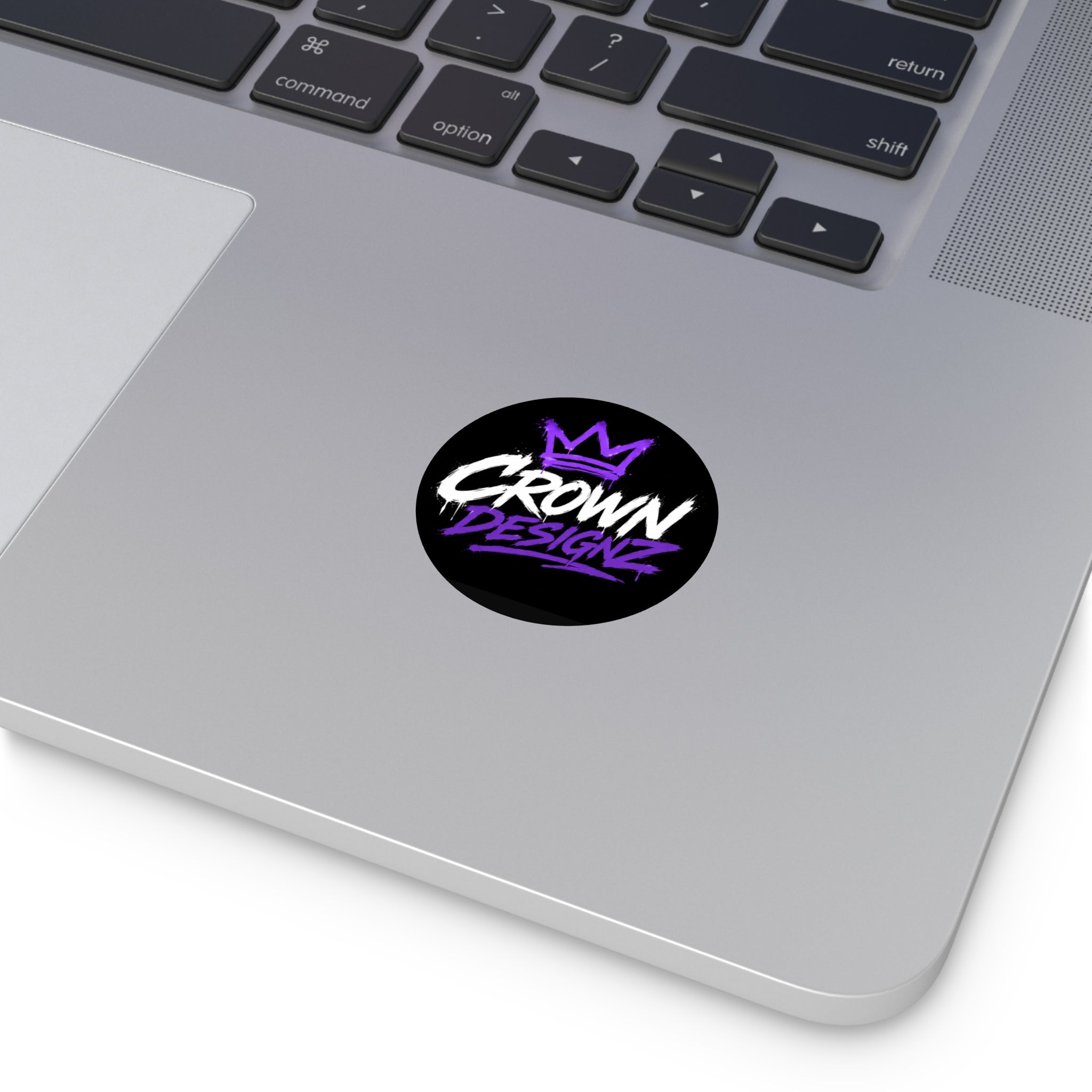 Crown Designz Round Vinyl Sticker — Graffiti Crown Logo, Purple & White Street Art Decal