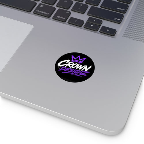 Crown Designz Round Vinyl Sticker — Graffiti Crown Logo, Purple & White Street Art Decal