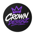 Crown Designz Round Vinyl Sticker — Graffiti Crown Logo, Purple & White Street Art Decal
