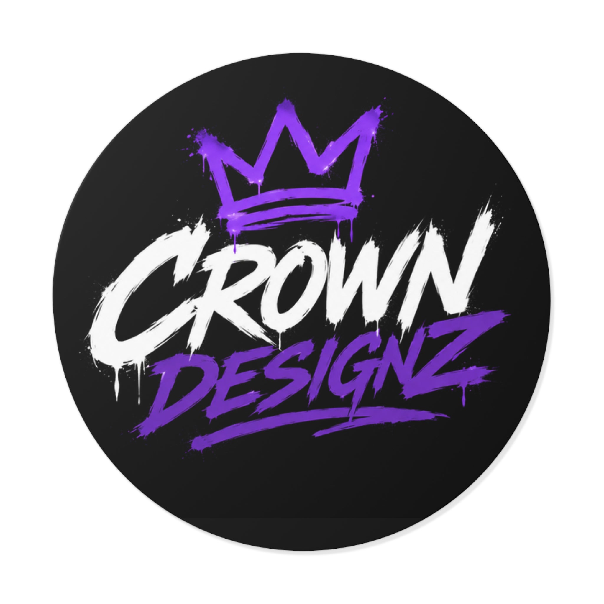 Crown Designz Round Vinyl Sticker — Graffiti Crown Logo, Purple & White Street Art Decal